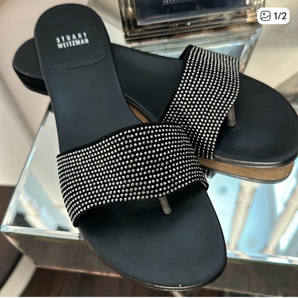 Stuart Weitzman Black Sandals with Silver Accents